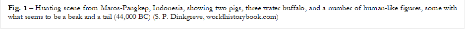 Fig. 8  Hunting scene from Maros-Pangkep, Indonesia, showing two pigs, three water buffalo, and a number of human-like figures, some with what seems to be a beak and a tail (44,000 BC) (S. P. Dinkgreve, worldhistorybook.com)

